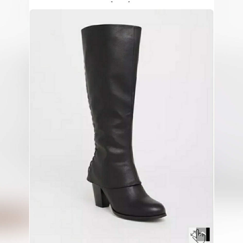 Size 11-11.5 Wide Width TORRID Lattice Back Heeled Black Knee Boots Shoes